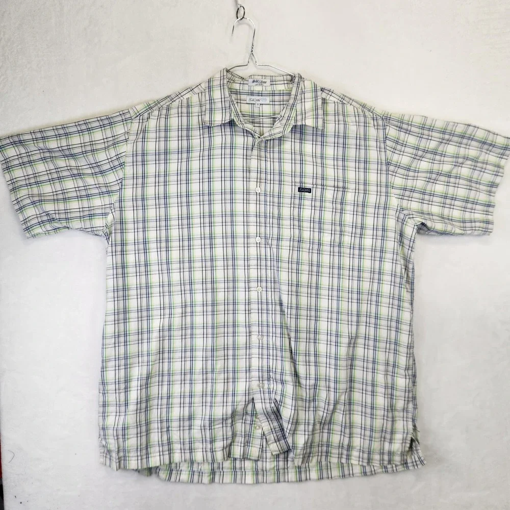 Ecko Unltd Mens 2X Short Sleeve Button‎ Down Shirt Plaid White Green Navy Cotton
